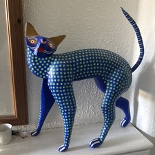 Handmade Oaxacan Pastel Blue Mexican Folk Art Wooden Shabby Cat Statue Ornament