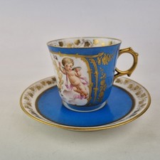 Antique 19thC Sevres Cup And Saucer Painted Cherubs Celeste Blue & Gilt 