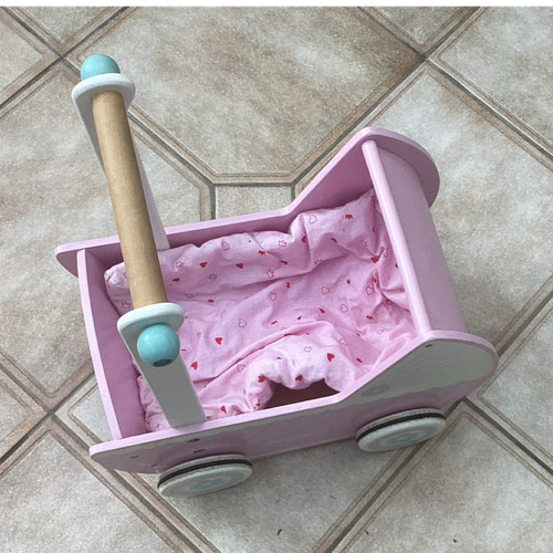 Pink wooden doll - wooden, pram