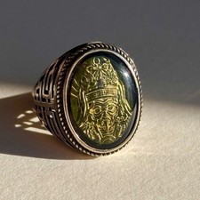 Hand Carved Colombian Amber Ring / Buddha Drashi Lhamo adjustable silver 925 