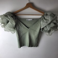 Zara Women Size S Grey Ribbed Cropped Puff Sleeve Top Summer Smart Casual