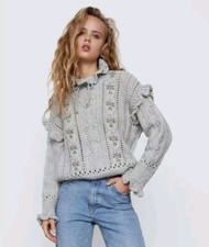 ZARA Blogger Fave Grey Embroidered Floral Knit Jumper S