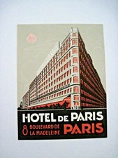 Stunning Vintage Hotel Luggage Label For "Hotel De Paris" Great Colors    * 
