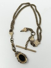 Antique Gold Filled Glass Lady Intaglio Locket Fob Watch Chain