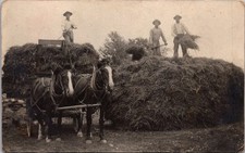 Farm Haying Scene RPPC Horse Drawn Wagon Farmers Haystack Early 1900s