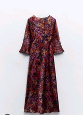 ZARA PRINTED FLORAL SATIN PURPLE MIX SLIP MIDI DRESS SIZE S