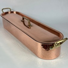 VINTAGE FRENCH KITCHEN EXTRA LARGE HAMMERED COPPER FISH KETTLE + BRASS HANDLES