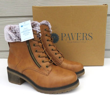 PAVERS WOMENS TAN BROWN FAUX LEATHER FUR ANKLE LACE ZIP BLOCK BOOTS UK 5 38 NEW