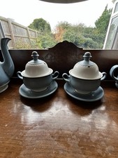 DENBY CASTILE LIDDED HANDLED SOUP  / CASSEROLE BOWLS X 2  STONEWARE LOT A