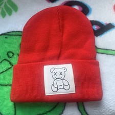 Red teddy bear beanie hat - red,
