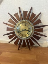 Large Vintage Mid Century Modern Teak Sunburst Wall Clock Anstey Wilson