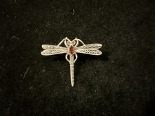 Sterling Silver Marcasite Dragonfly Brooch (Red Stone)
