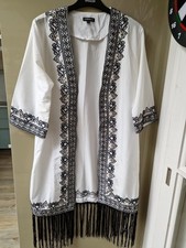 Warehouse Embroidered Sequin Fringe Ivory Black Kimono Beach Summer Evening Med