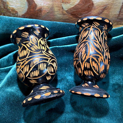 Pair carved wooden bud vases - wooden,
