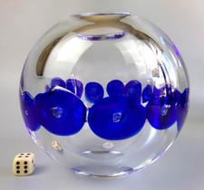 Beranek Studio Glass Vase. Clear & Blue Sphere. Original label. Size H 5.5" ∅ 6"