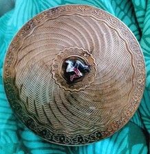 Vintage Gilt Metal Powder Box With 3 legs and Pic On Lid. Liner / Mirror inside 
