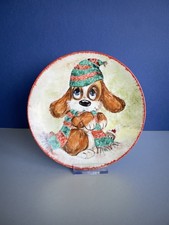 Vintage 1980s Hand Painted Ceramic Christmas Display Wall Plate Puppy Dog 20CM