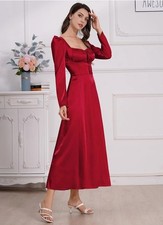 Omewee COCKTAIL SATIN DRESS, elegant corset,sweetheart neck, Long PUFF Sleeve