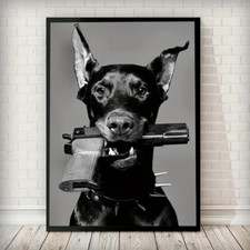 Black Doberman Iconic Dog Gangster Gun Canvas Art Large 60cm x 40cm R102