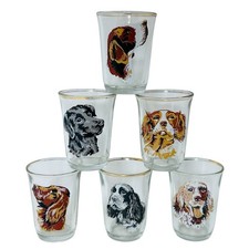 Vintage MC Reims Shot Glass x6 Set Dogs Spaniel Labrador Hounds Gold Trim Bar