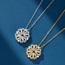 Women Four Leaf Clover Necklace Vintage Magnetic Folding Heart jewellery Gifts