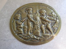 ANTIQUE HEAVY BRASS OVAL WALL PLAQUE ~ CHERUBS / PUTTI    19thC.