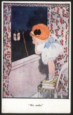 'HIS SOCKS' - Her Only Memory! Vintage Art Postcard by Hilda Cowham. Free Post