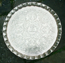 ANTIQUE ISLAMIC  INLAID  CARVED FOLDING SIDE TABLE WITH   SUPERB BRASS TRAY