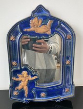 Vintage Blue Glazed Ceramic Cherub Ornate Small Wall Hanging Mirror