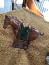 Pair of Vintage Chinese Tang Dynasty Sancai Style Tri Glazed Ceramic War Horse