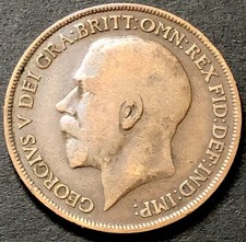1919 H PENNY COIN-HEATON MINT-KING GEORGE V-1d BRITISH BRONZE COIN-LOW MINTAGE