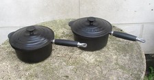 2 X Le Creuset 20cm Cast Iron Saucepans with Lids. Black. See Decription.