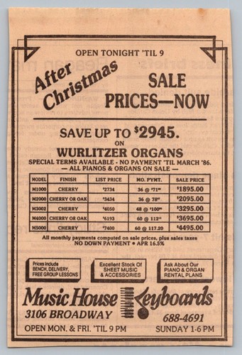 1985 wurlitzer organ sale - 1985,