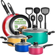 15Pc Non-Stick Pots & Pans Cookware Set with Lids Induction Hob Compatible