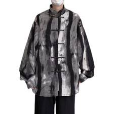 Men Chinese Style Tie Dye Shirt Blouse Mandarin Collar Top Long Sleeve Retro Top