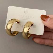 14K Gold Plated Thick Sleeper Stud Chunky Sterling Silver Posts Hoop Earrings