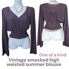 VGC Y2K vintage UK size 8-10 vintage boho smocked shirred high waisted top OOAK