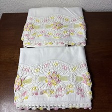 VTG Embroidered Crocheted Pillowcases Pink Yellow Flowers Lace Edge Cottage Core