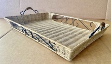 Large Vintage Wicker Rectangular Serving Tray with black metal Handles & sides