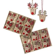 Set of 12 Wooden Reindeer Face Christmas Tree Decorations Hanging Rustic Quirky