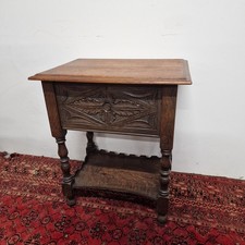 Solid Carved Oak Vintage Lift Top Side Table /Work Box With Fitted Interior