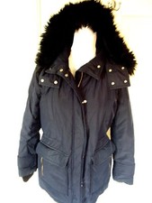 MANGO NAVY BLUE FEATHER DOWN PADDED HOODED LONG JACKET SMALL UK 8-10 GOOD COND