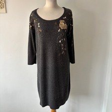 Monsoon Wool Cashmere Angora Blend Jumper Dress Size L Grey Embellished Sequin  