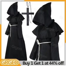 Halloween Hooded Robe Costume Men Monk Cosplay Priest Horror Wizard Cloak Cape