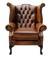 New Chesterfield Queen Anne High Back Wing Armchair Real Leather Tan