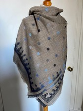 KAPRE Very Large Square Shawl  Pashmina Pure Merino Wool Oatmeal Blue  NEW