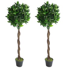 Artificial Topiary Bay Laurel Ball Trees Pair of 120cm 4ft Real Wood Trunk