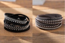Women's Black Grey Woven Fabric Rhinestone Metal Layered Bracelet Bangle Wrap