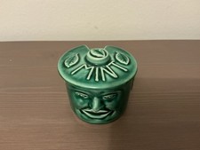 Vintage Unique Pottery Small Green Lidded Mint Sauce Face Pot Jar. VGC