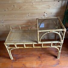 Vintage mid century bamboo wicker rattan telephone seat Table glass shelves boho